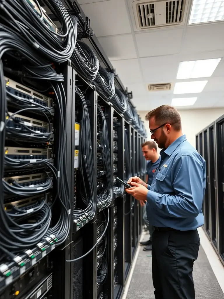 A photo of Cabling Atlanta technicians installing Cat6 cabling in a server room, neatly organizing and labeling the cables for easy management and maintenance.