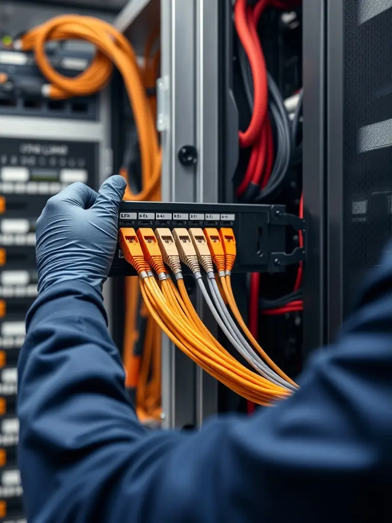 A close-up shot of a technician terminating Cat6A cables into a patch panel, demonstrating precision and adherence to industry standards.