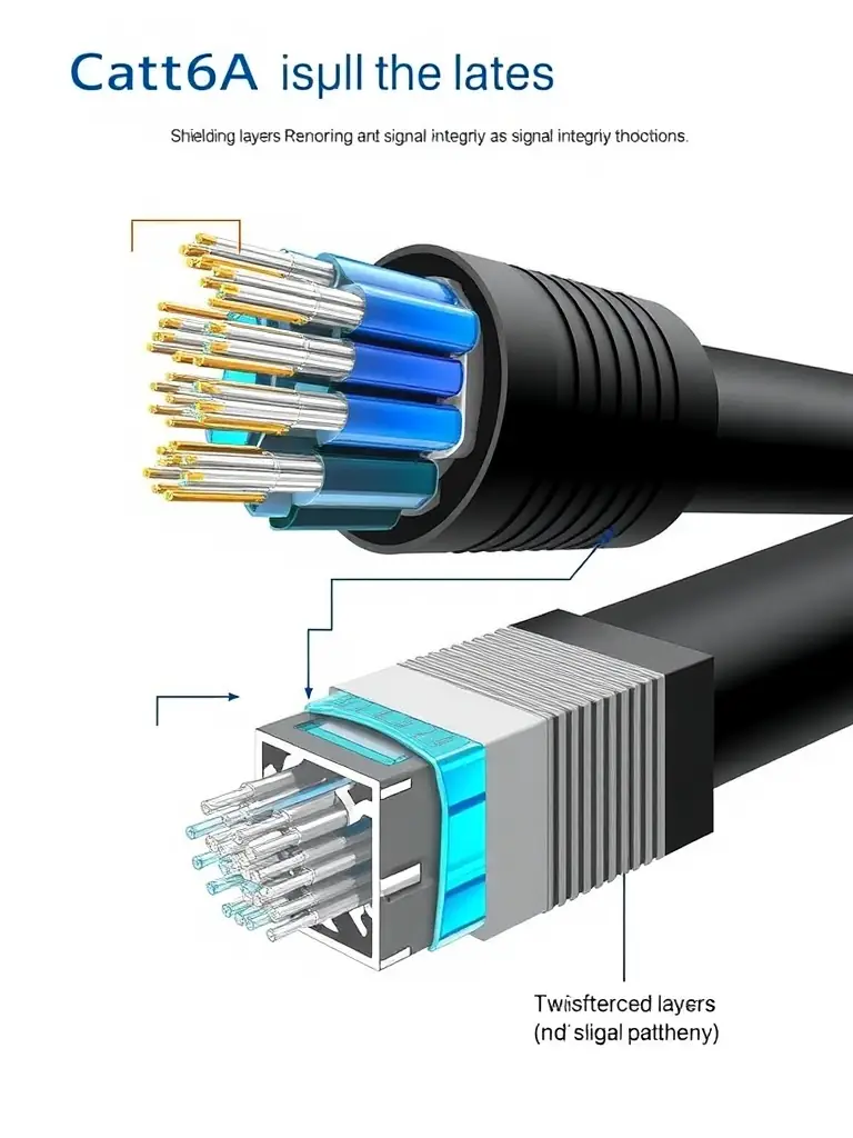 A graphic illustrating the reduced interference in Cat6A cabling compared to other cable types, emphasizing the shielding and signal integrity.