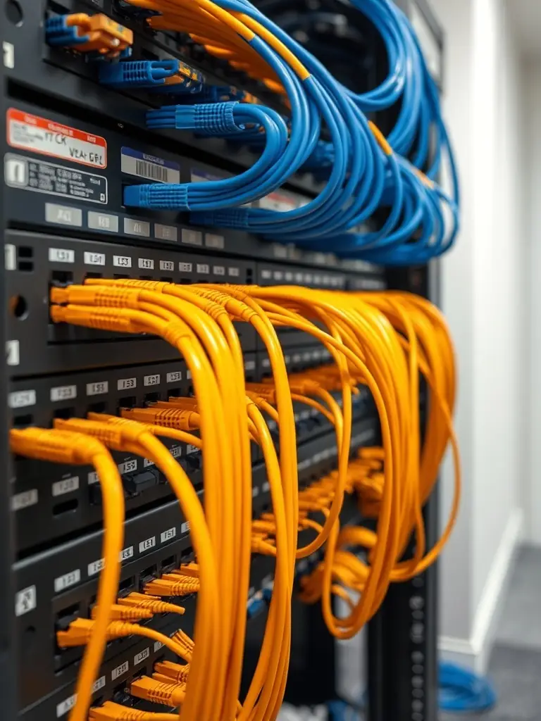 A close-up shot of a professionally installed 4-post network rack in an Atlanta MDF room, showcasing neatly organized Cat6 cables and patch panels.