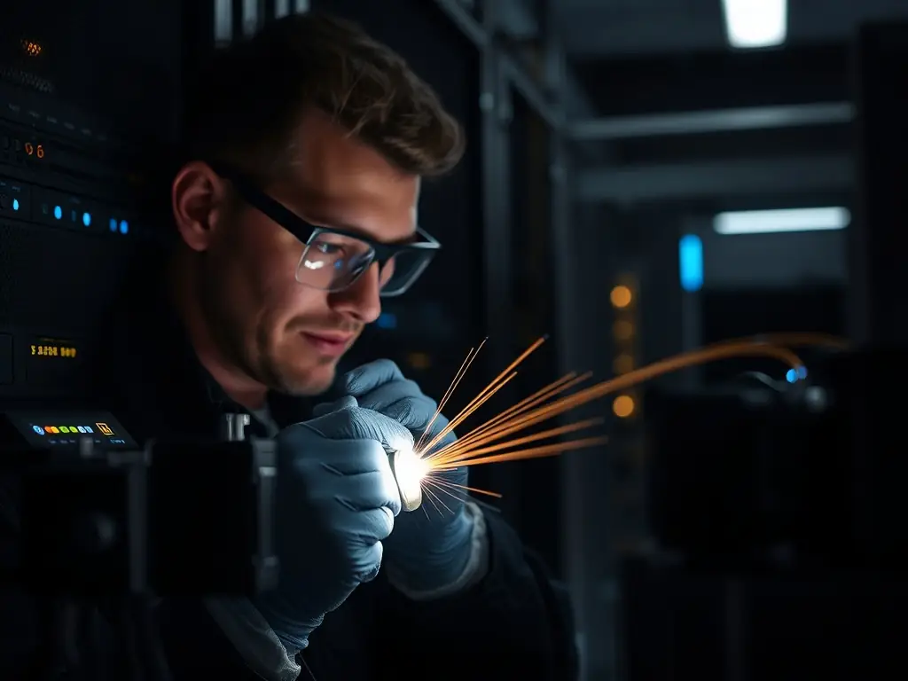 A close-up shot of a technician meticulously performing fusion splicing on a damaged fiber optic cable within a dimly lit server room, emphasizing precision and urgency.