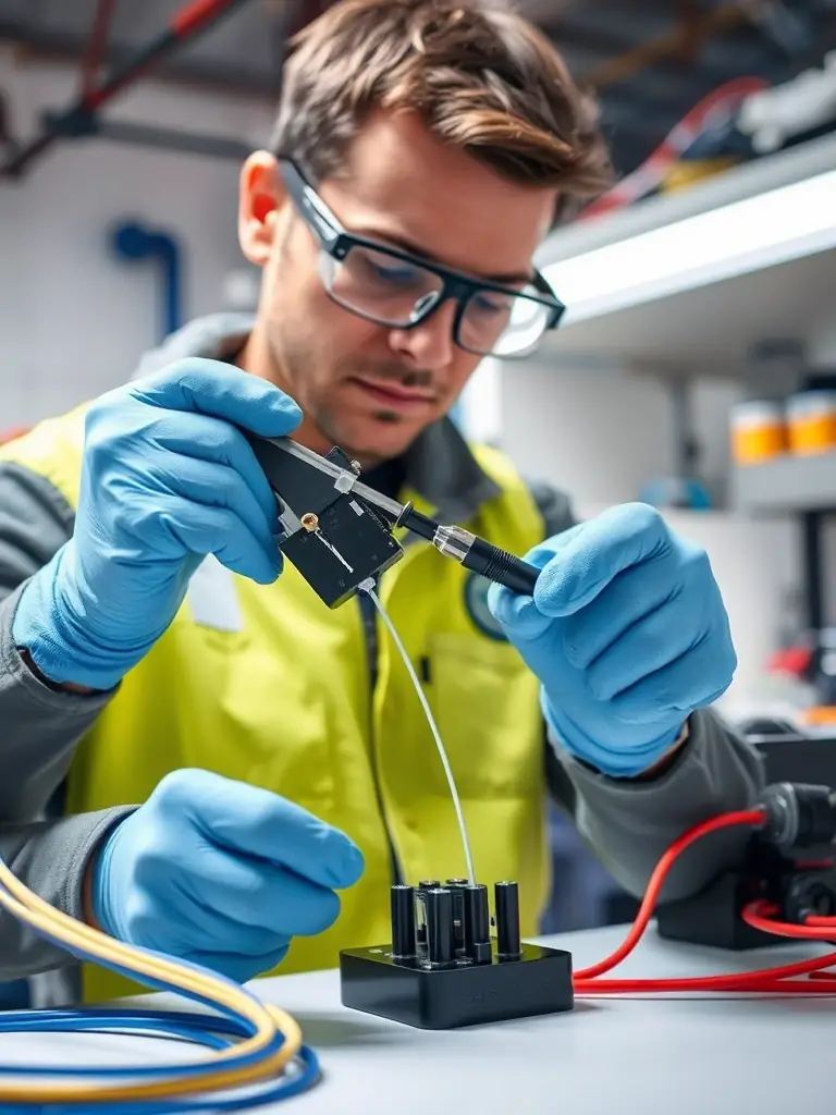 A technician splicing fiber optic cables with precision, showcasing Cabling Atlanta's expertise in fiber optic cabling and splicing for high-bandwidth applications.