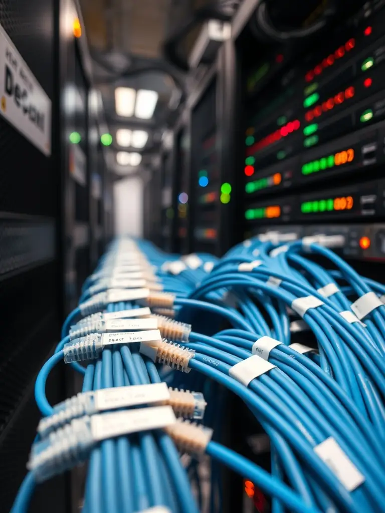 A close-up shot of meticulously labeled network cables in a server room, highlighting the clarity and organization of the labeling system used by Cabling Atlanta.