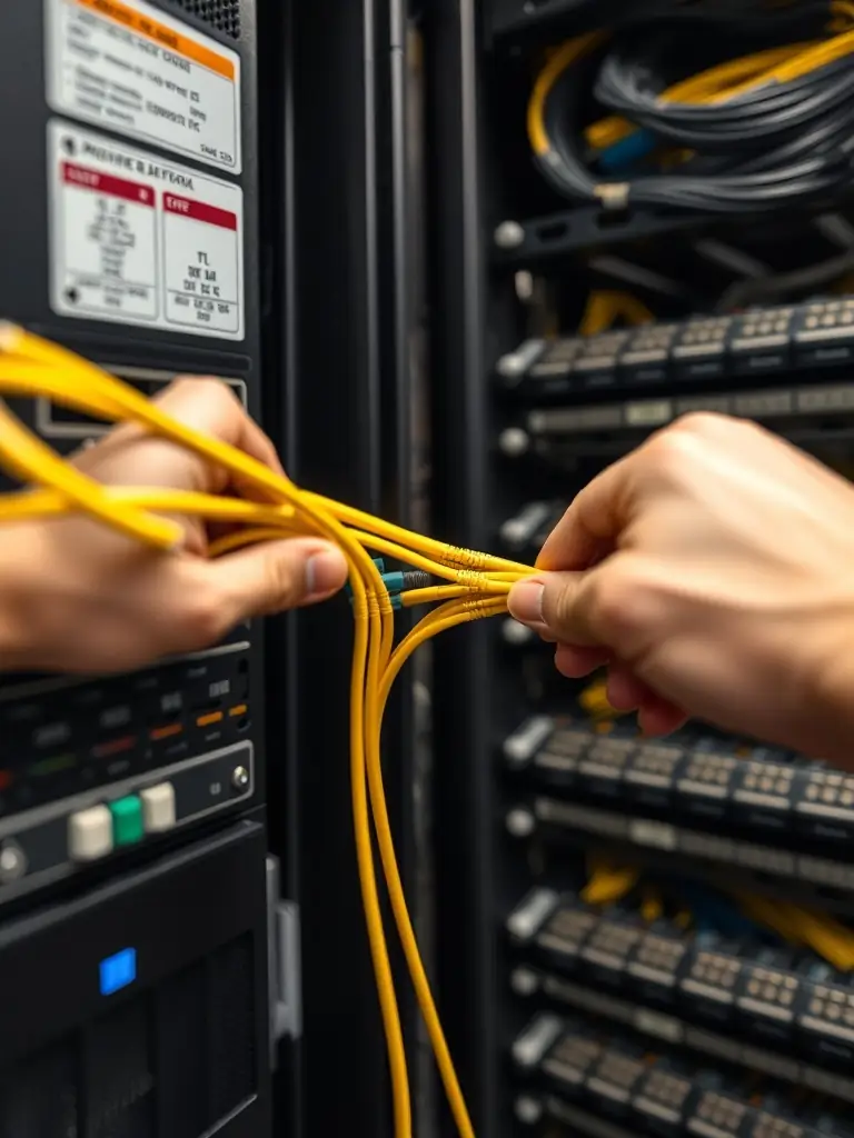 A close-up shot of a Cat6 cable being terminated into a patch panel in a server room, showcasing the precision and expertise of Cabling Atlanta's technicians.