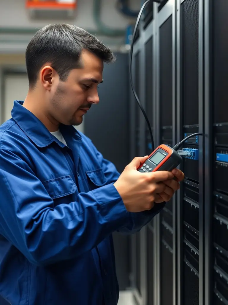An image of a technician using a cable tester to verify the integrity and compliance of newly installed access control cabling.