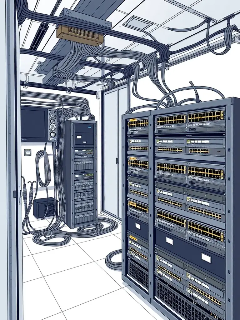 A detailed architectural drawing of a Main Distribution Frame (MDF) room layout, showcasing structured cabling pathways and equipment placement.