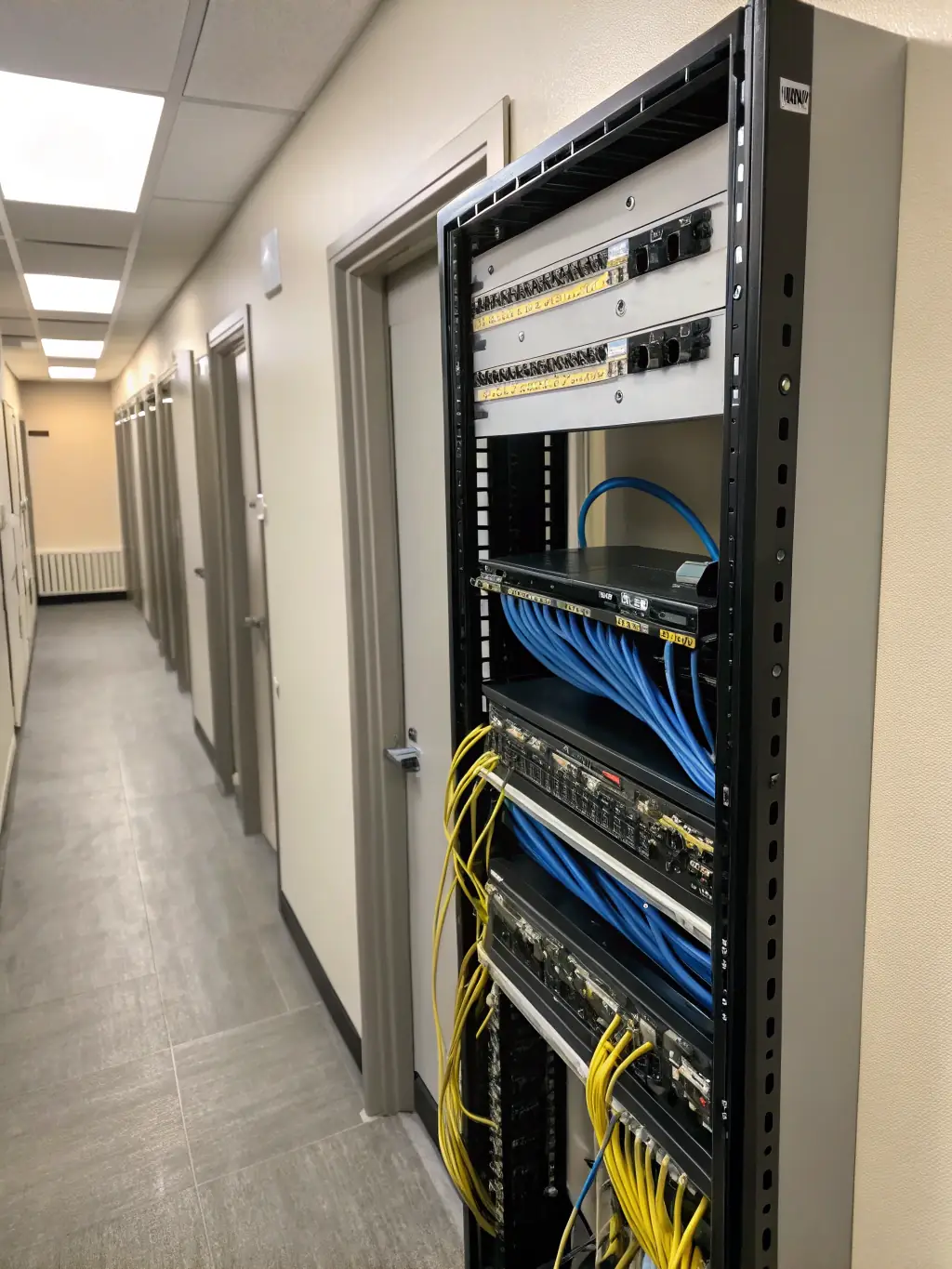 A professionally installed wall-mounted network rack with neatly organized Cat6 cables, patch panels, and a network switch, showcasing clean cable management and labeling.