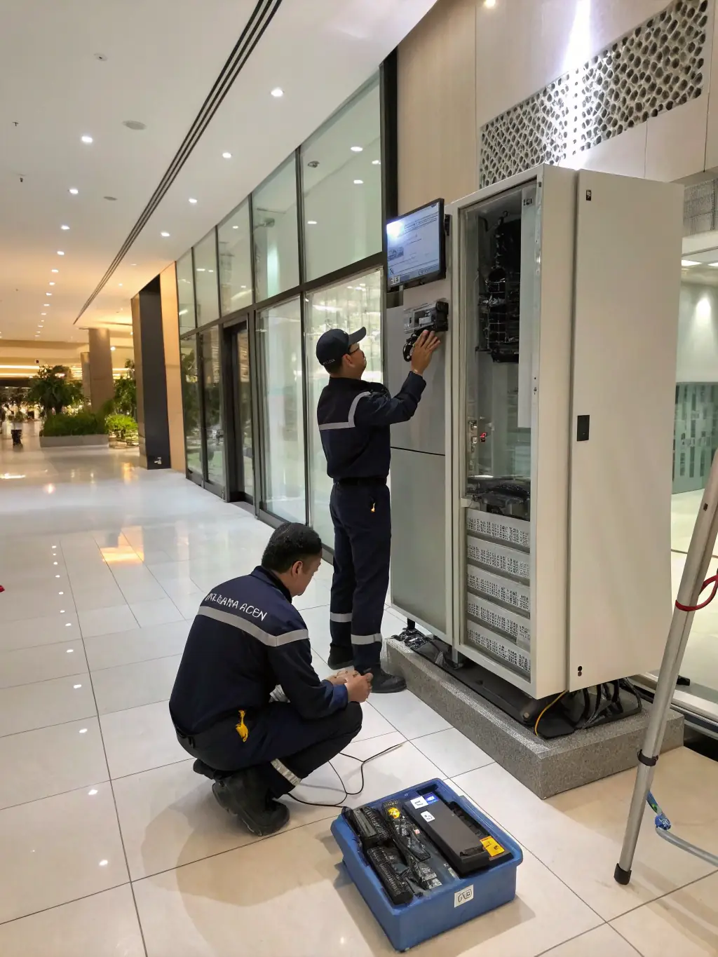 An access control system being installed at the entrance of a retail store, showcasing the wiring and setup of security measures.