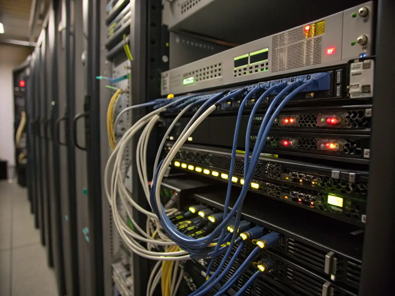 An image of a well-organized access control panel inside a server rack, showcasing the neat and professional cabling. The panel has various ports and connections.