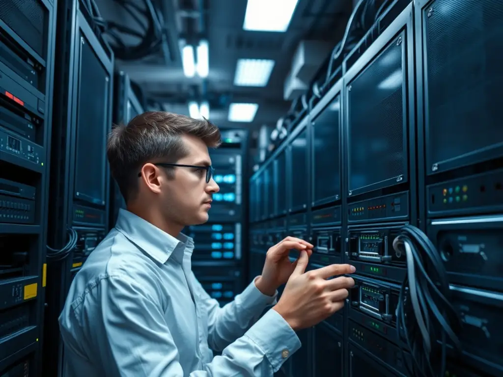A technician using a Fluke network analyzer to perform cable testing and certification, verifying the performance and compliance of the installed cabling system.