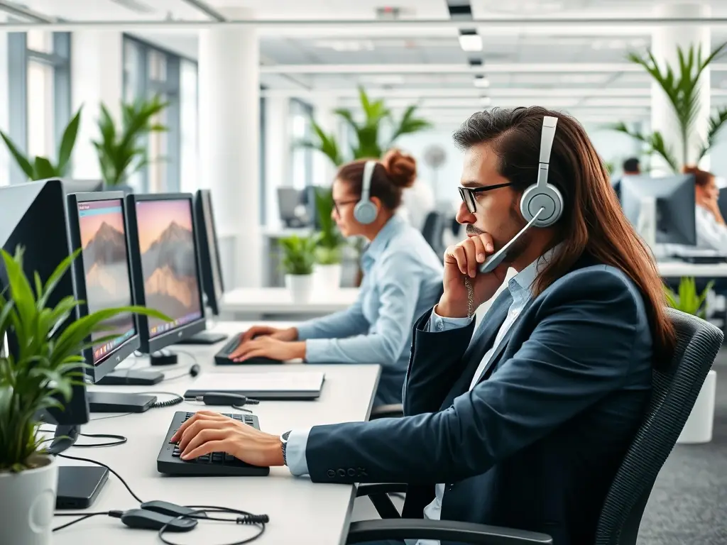 A modern office setting with employees using VoIP phones and wireless devices, showcasing the reliable connectivity provided by Cat 6 cabling.