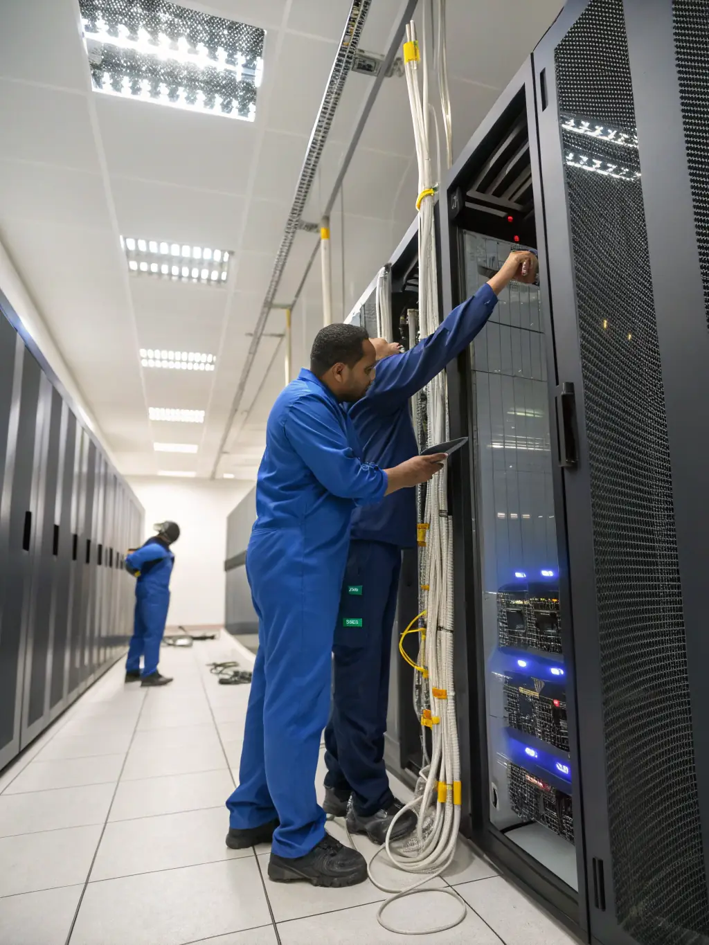 A diverse team of experienced cabling technicians working diligently in a well-lit server room, installing and managing network cables with precision and expertise.