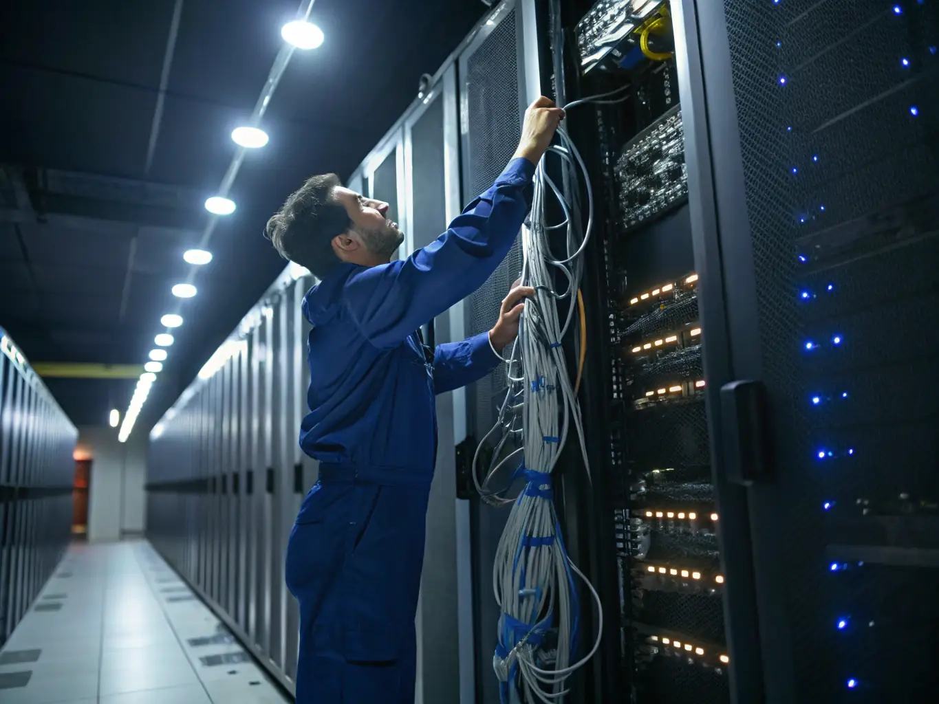 A close-up shot of a technician's hands expertly terminating a Cat6 cable in a server room, showcasing precision and attention to detail.
