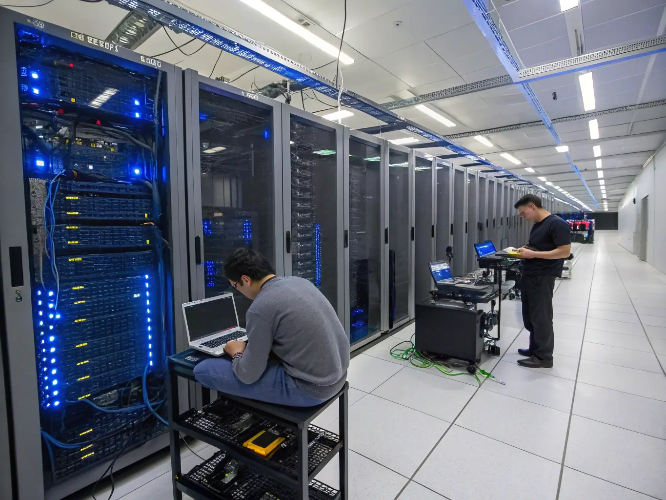 A modern data center with server racks, cable trays, and technicians working on cabling installations.