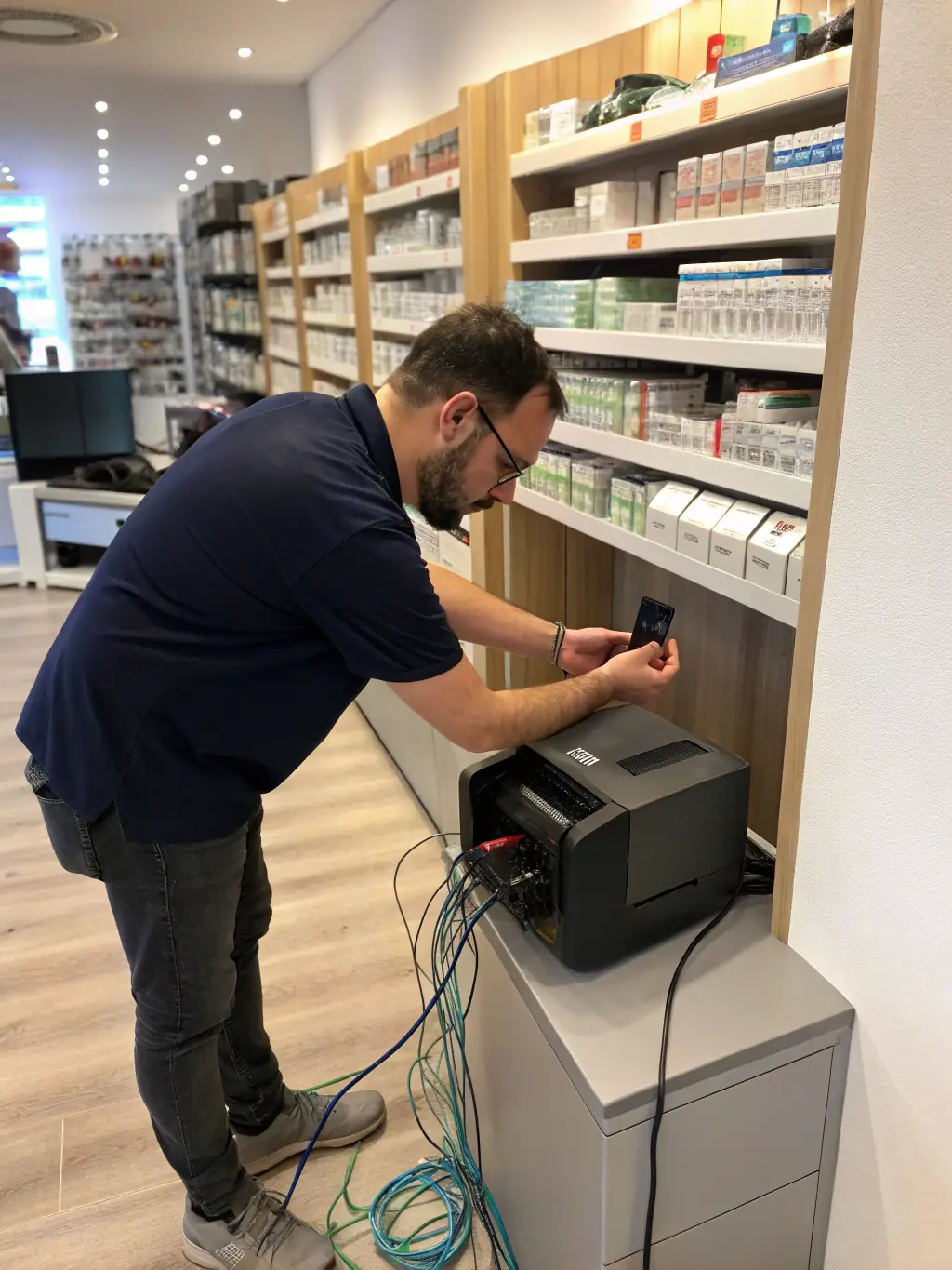 A retail point-of-sale (POS) system being installed by a technician in a modern clothing store, showcasing the cabling and setup process.