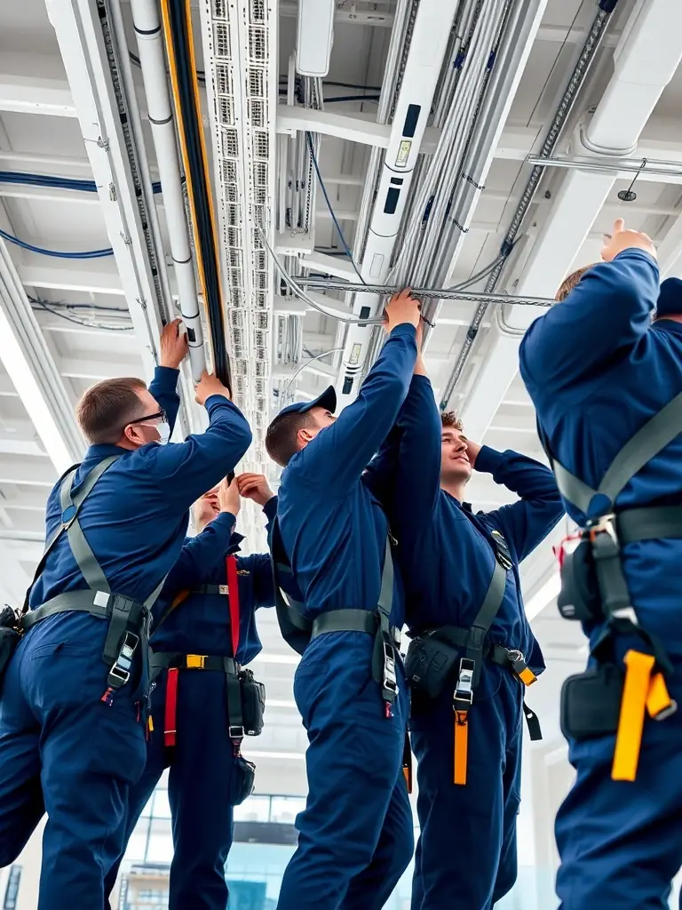 A wide shot of a modern office space during a relocation, with technicians installing structured cabling in an organized and efficient manner.