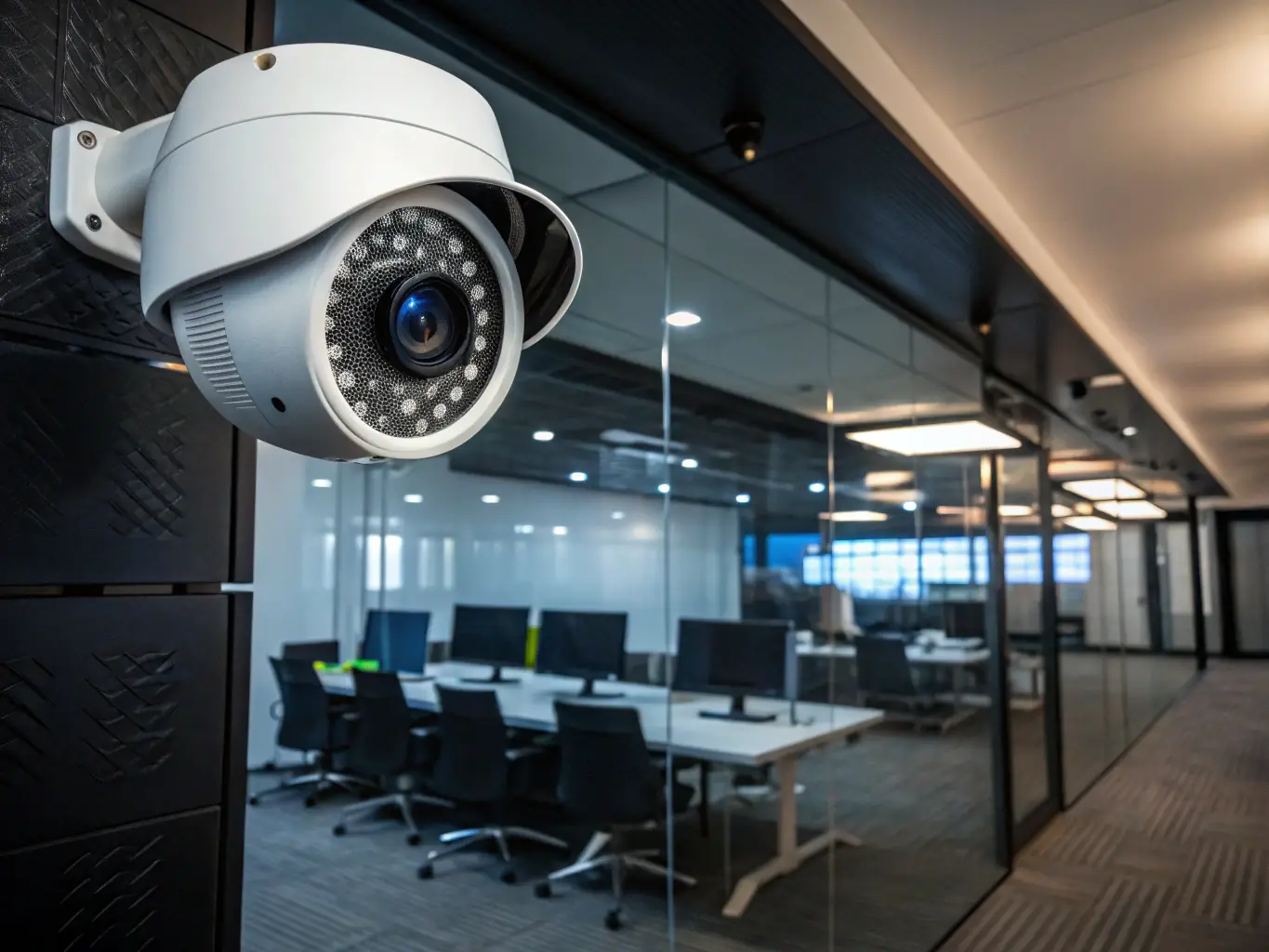 A high-resolution image depicting a modern IP security camera installed in a warehouse setting, focusing on its sleek design and wide field of view, with blurred background showing warehouse operations.