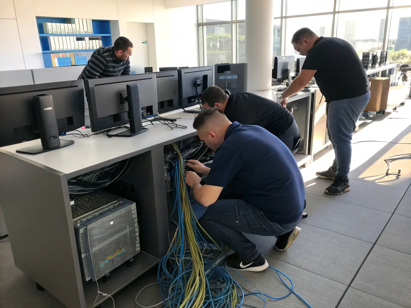 A professional technician installing Cat 6 cabling in a modern office environment, showcasing precision and expertise.