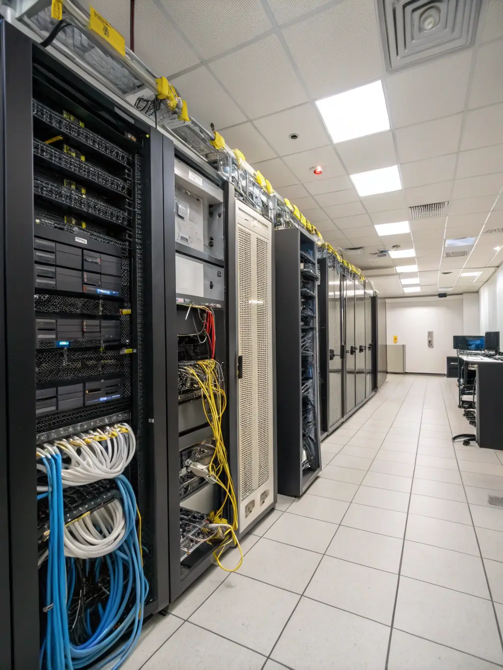 A photo of a newly built office space with Cat6 cabling neatly installed above the ceiling tiles, showcasing a clean and organized cabling system.