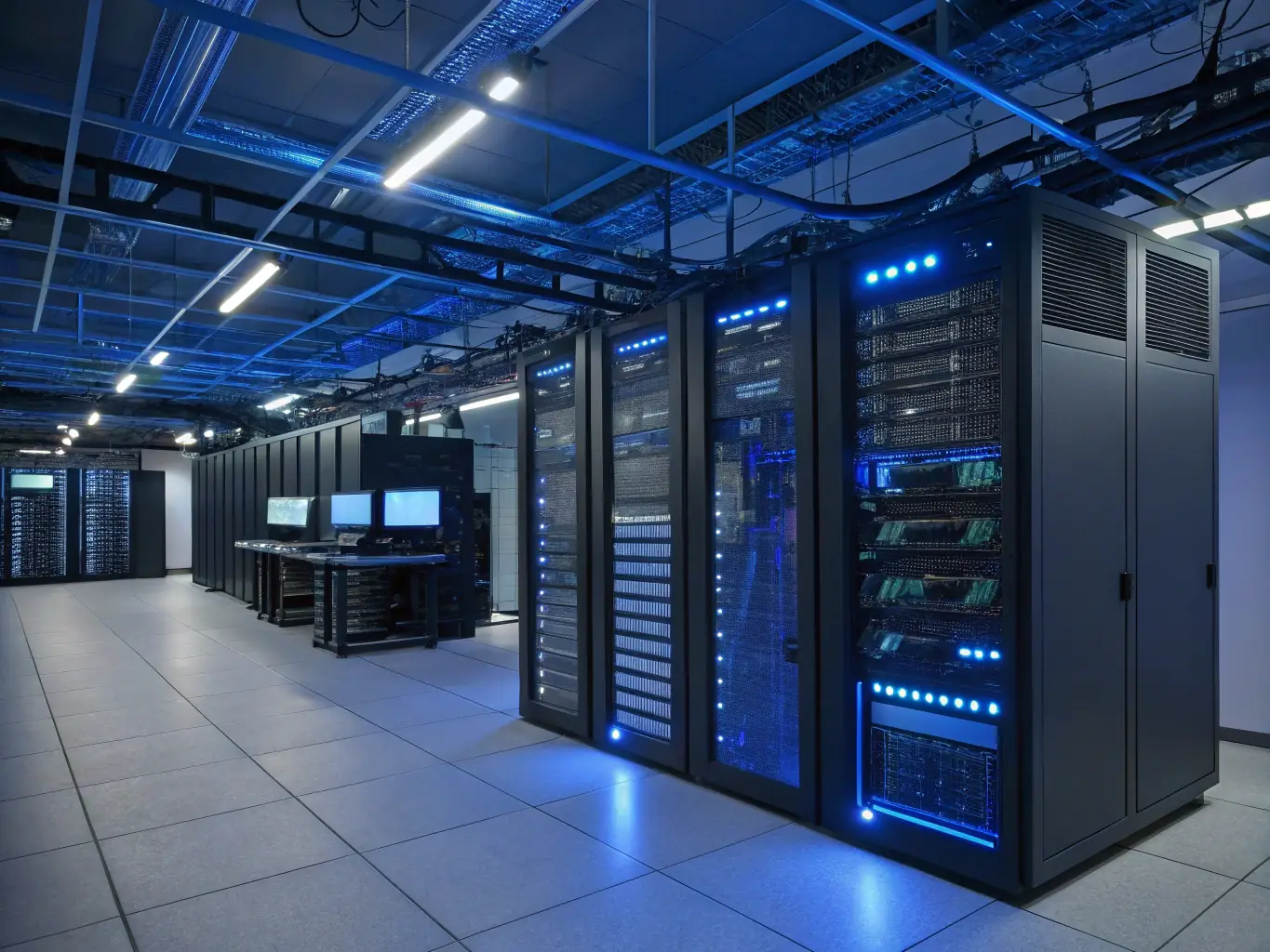 A wide shot of a newly constructed MDF room featuring neatly organized cable racks, clearly labeled patch panels, and optimal airflow management, highlighting the improved organization and accessibility.