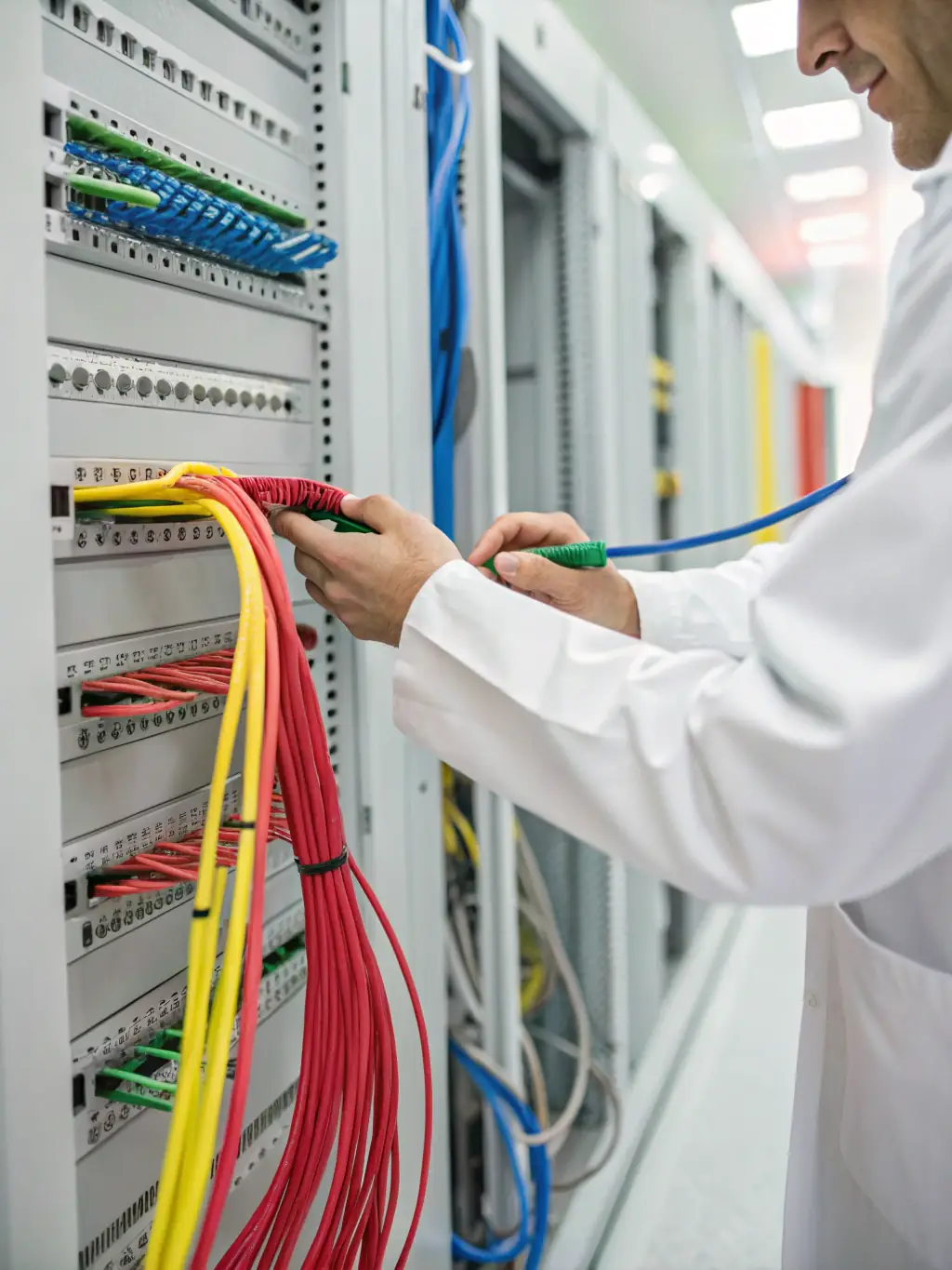 A close-up shot of a certified Cabling Atlanta technician meticulously labeling cables in a data center, showcasing their attention to detail and organization.