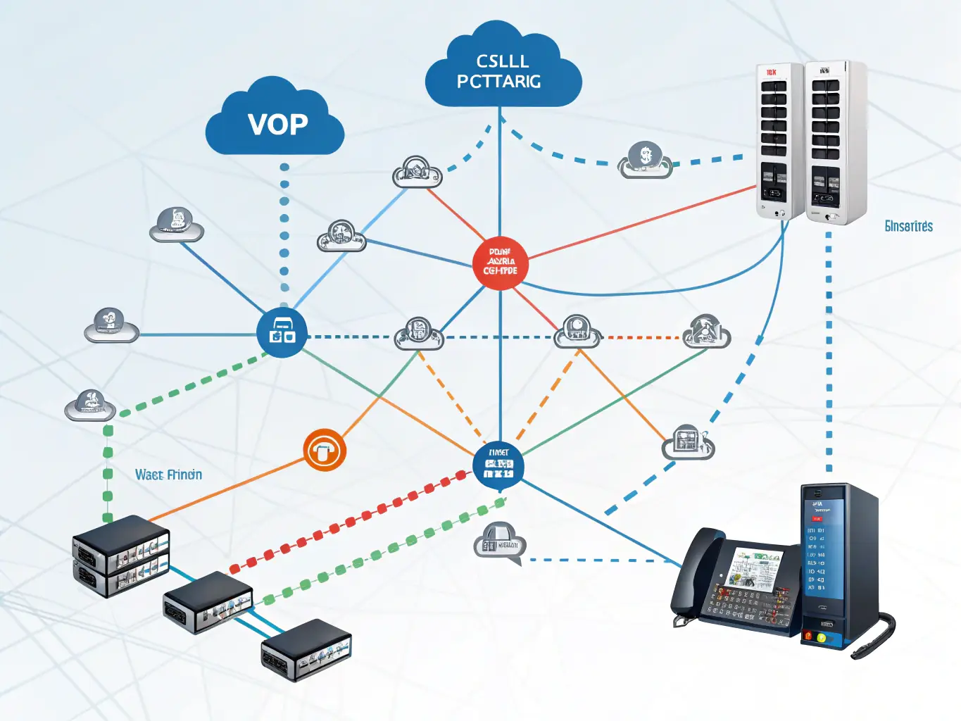 A professional design document showcasing a detailed network layout for a cloud VoIP phone system, highlighting the integration with existing infrastructure.