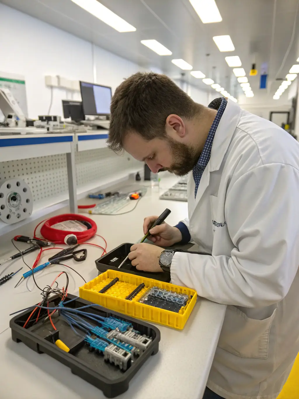 An OTDR testing device displaying test results, with a Cabling Atlanta technician analyzing the data to verify the integrity and performance of the installed fiber optic cables.