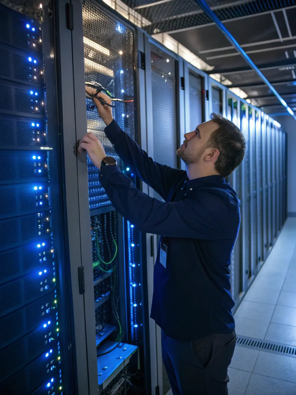 A professional technician in a clean server room, carefully labeling network cables with a label maker, ensuring clear identification and organization.