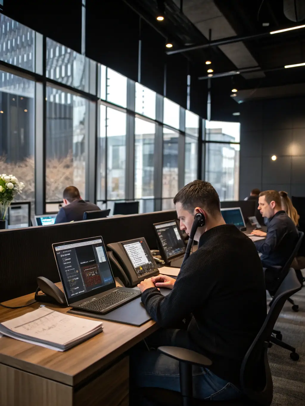 A modern office environment with VoIP phones and network equipment, illustrating the seamless integration of Cabling Atlanta's VoIP solutions.