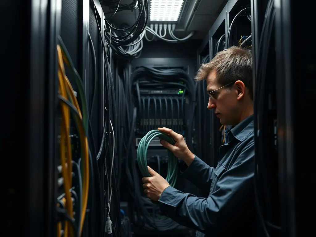 A photograph of a neatly installed server rack with organized cable management, highlighting the use of cable trays, color-coded cables, and proper labeling for easy identification and troubleshooting.