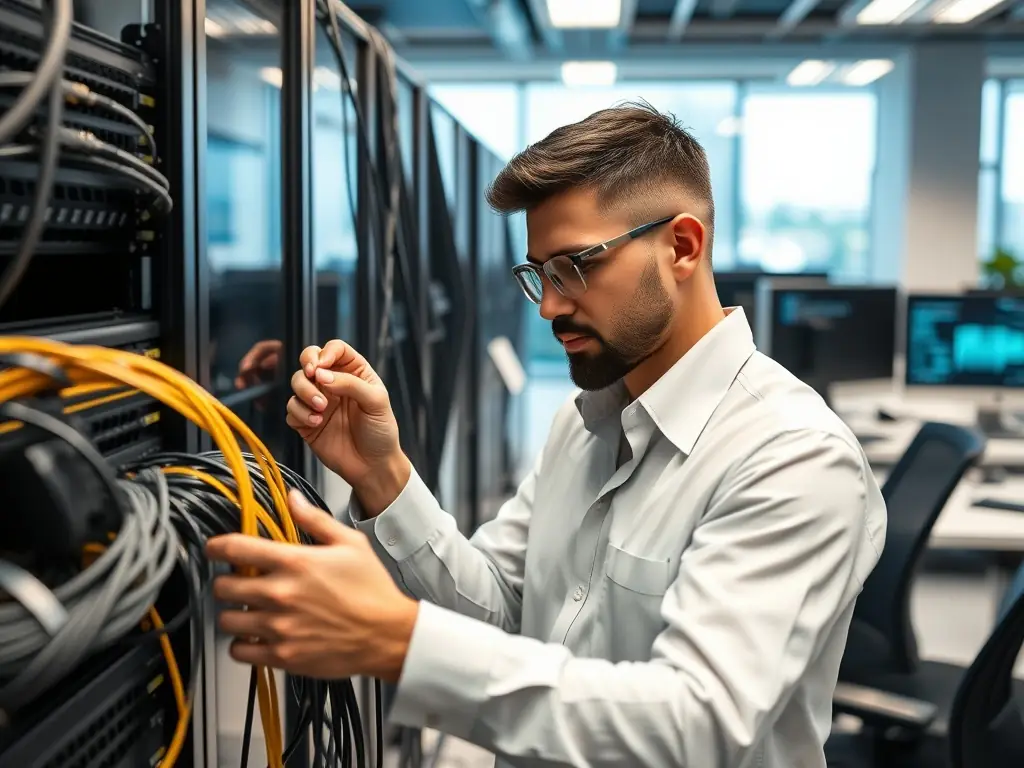 A technician using a cable tester to diagnose a fault in a Cat6 cable within a commercial office environment, highlighting the troubleshooting process.