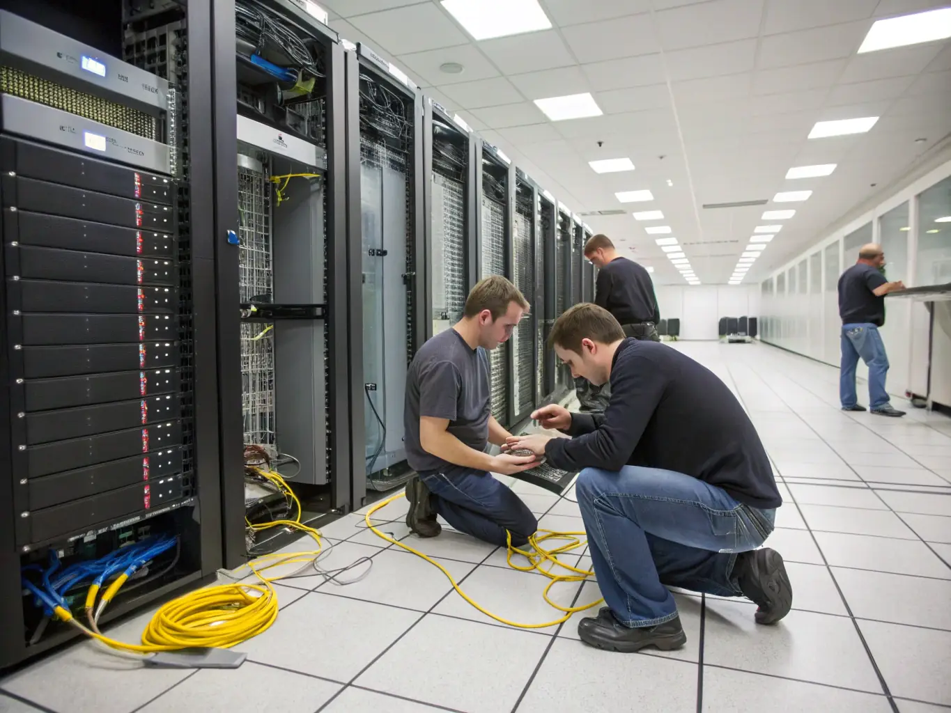 A team of senior cabling technicians working on a complex network installation in a data center.