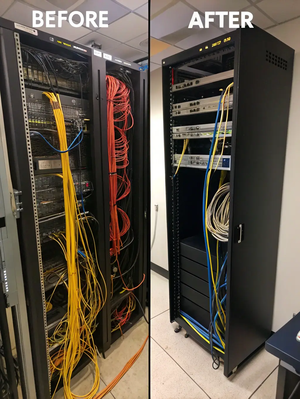 A before-and-after image showing a messy, disorganized rack and the same rack after a thorough cleanup and cable management remediation.