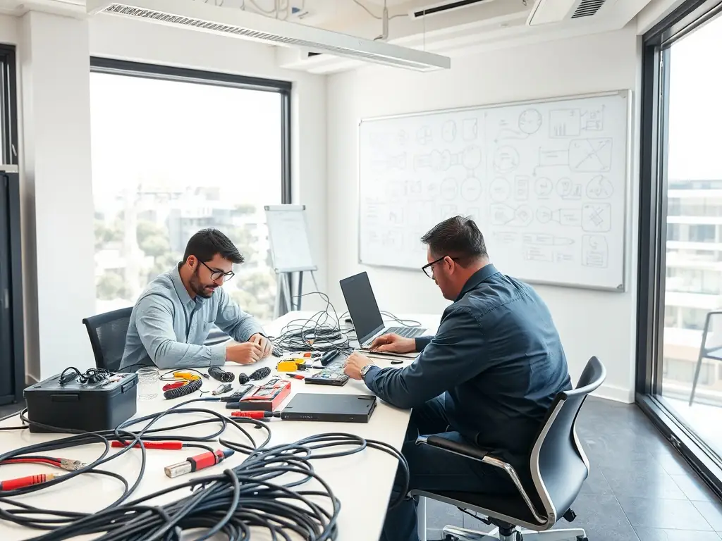 A modern office space with multiple devices connected via Cat 6 cabling, highlighting the support for Wi-Fi access points and other network devices.