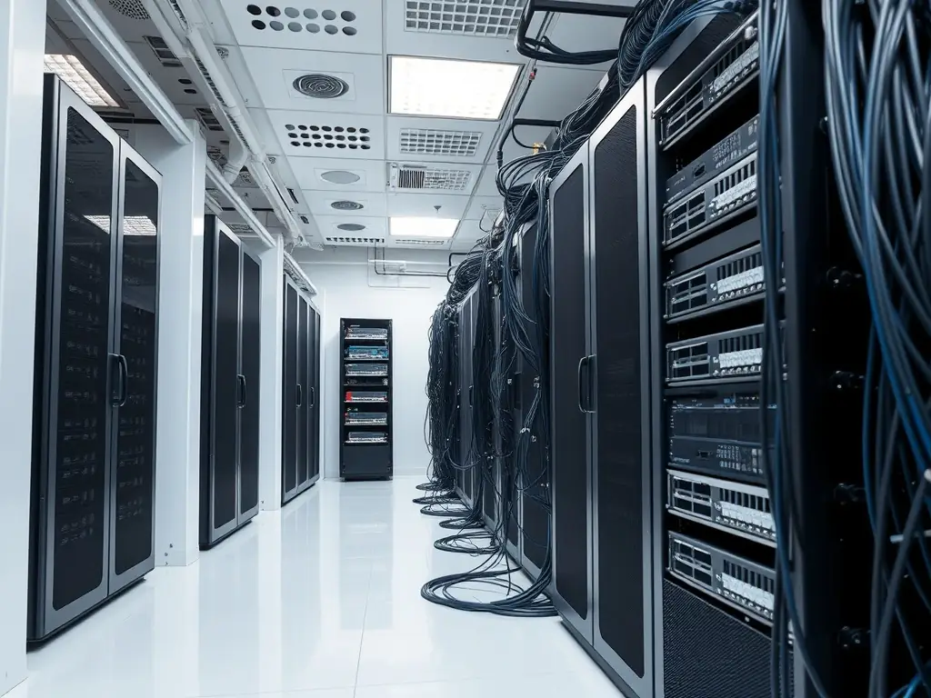 A clean and organized server room with neatly arranged cable racks, showcasing structured cabling infrastructure.