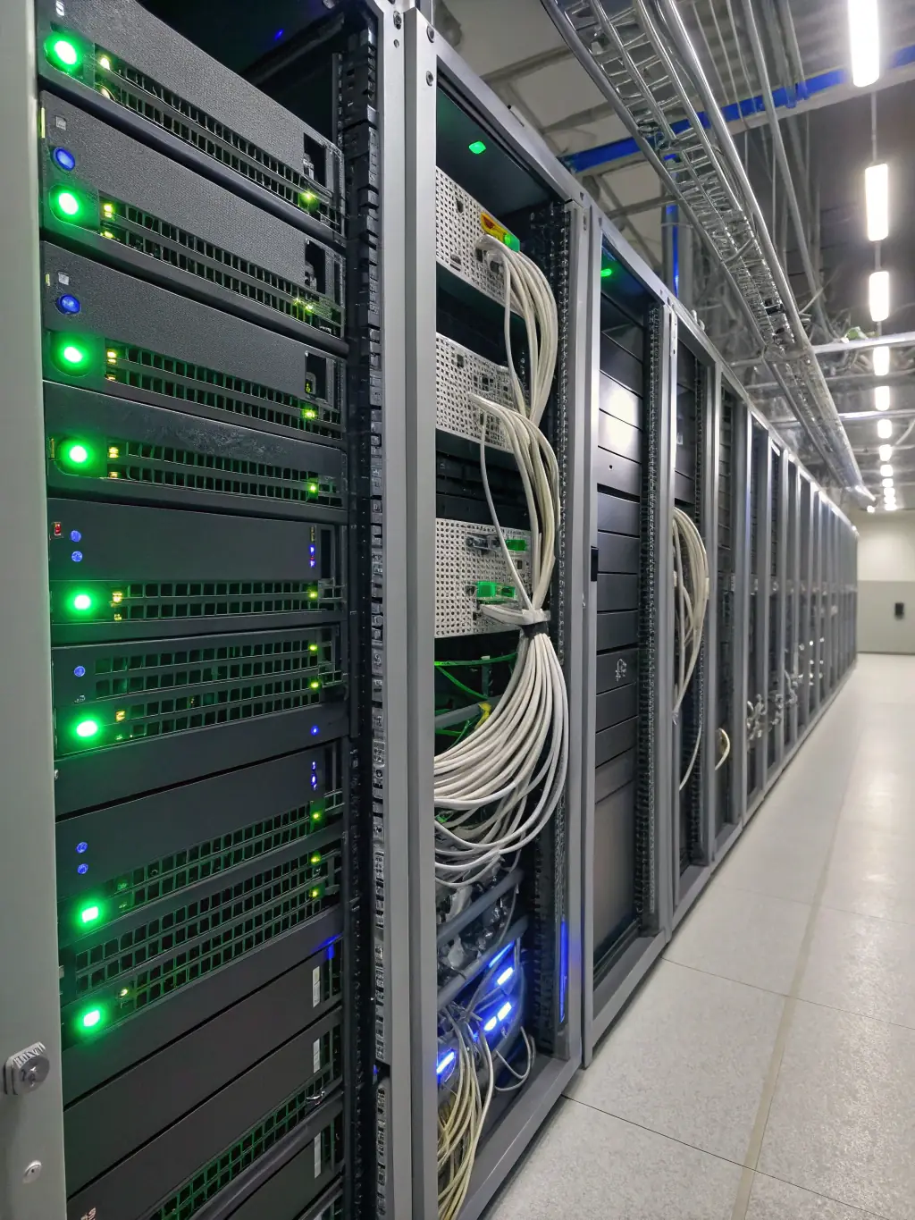 A neatly organized server room with color-coded Cat6 cables connected to patch panels, showcasing structured cabling expertise.