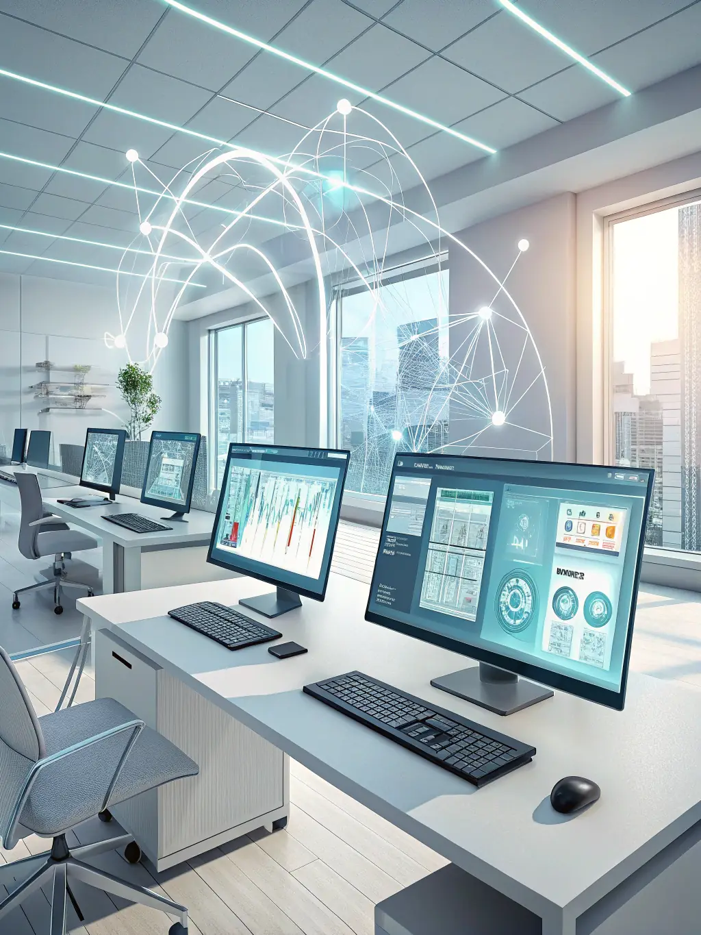 A detailed network layout diagram with cable counts and rack designs, presented on a tablet in a modern office setting in Atlanta.
