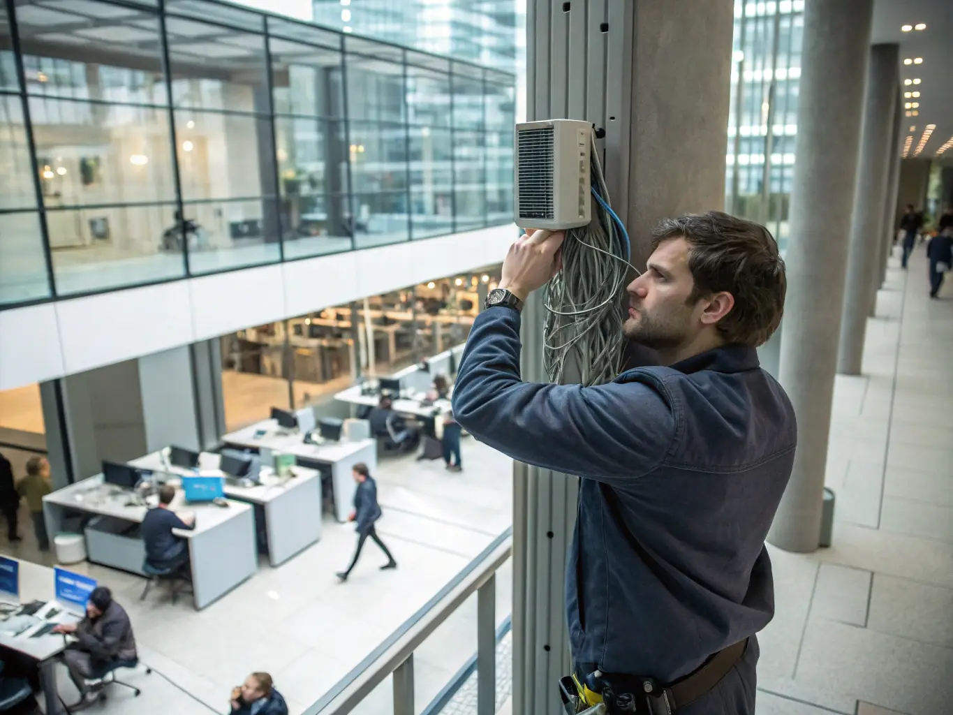 A photograph of a technician installing an access control system at a warehouse entrance, emphasizing the integration of cabling and hardware for seamless operation.