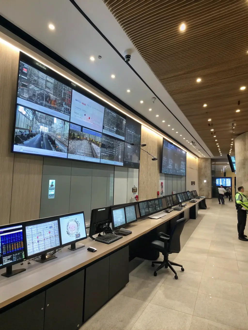 A modern office space with strategically placed security cameras and access control keypads, showcasing security system installations.