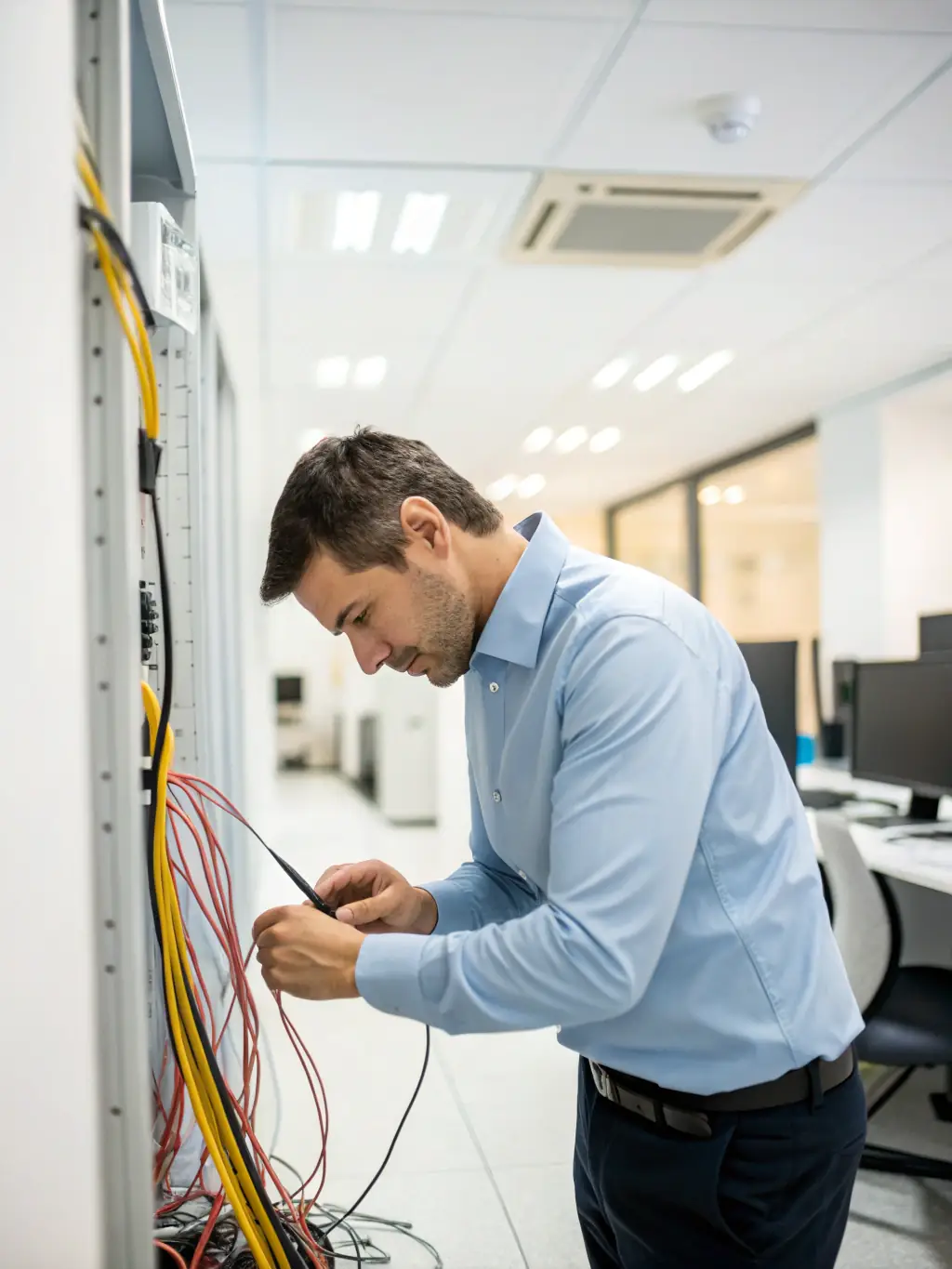 A photo of a Cabling Atlanta technician conducting an initial consultation with a client in their office, discussing cabling needs and project scope. The technician is holding a blueprint and pointing to a specific area.