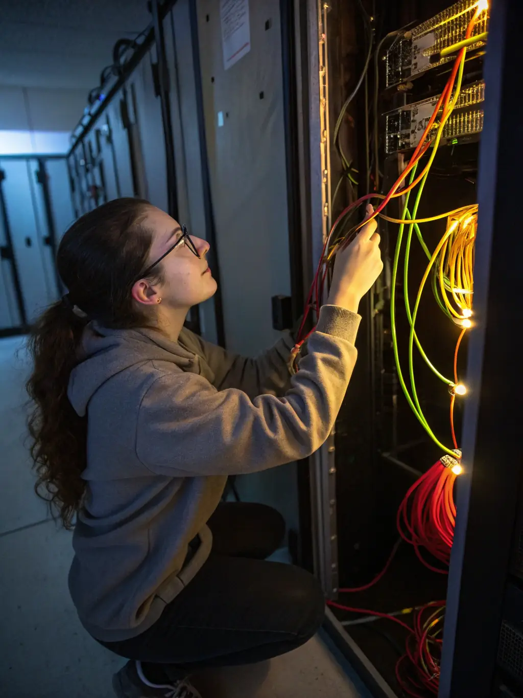 A close-up shot of a technician using specialized equipment to test and certify a newly installed fiber optic cable in a data center.