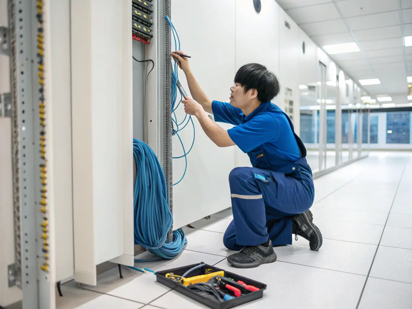 A technician installing Cat 6 cable in a commercial office space, demonstrating the process of retrofitting existing infrastructure.