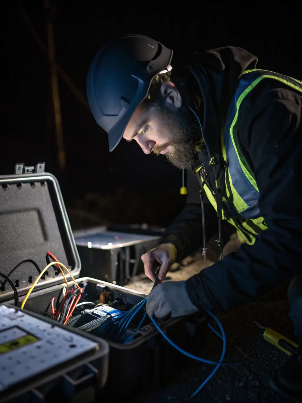 A medium shot of a Cabling Atlanta technician using a cable tester to certify a newly installed cable run, demonstrating their commitment to TIA standards.