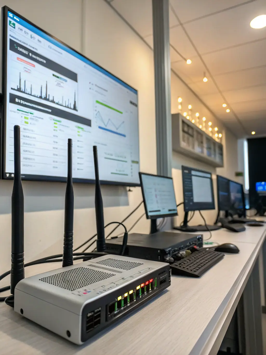 A series of strategically placed WiFi access points and IP security cameras installed in a retail store, demonstrating comprehensive coverage and security.