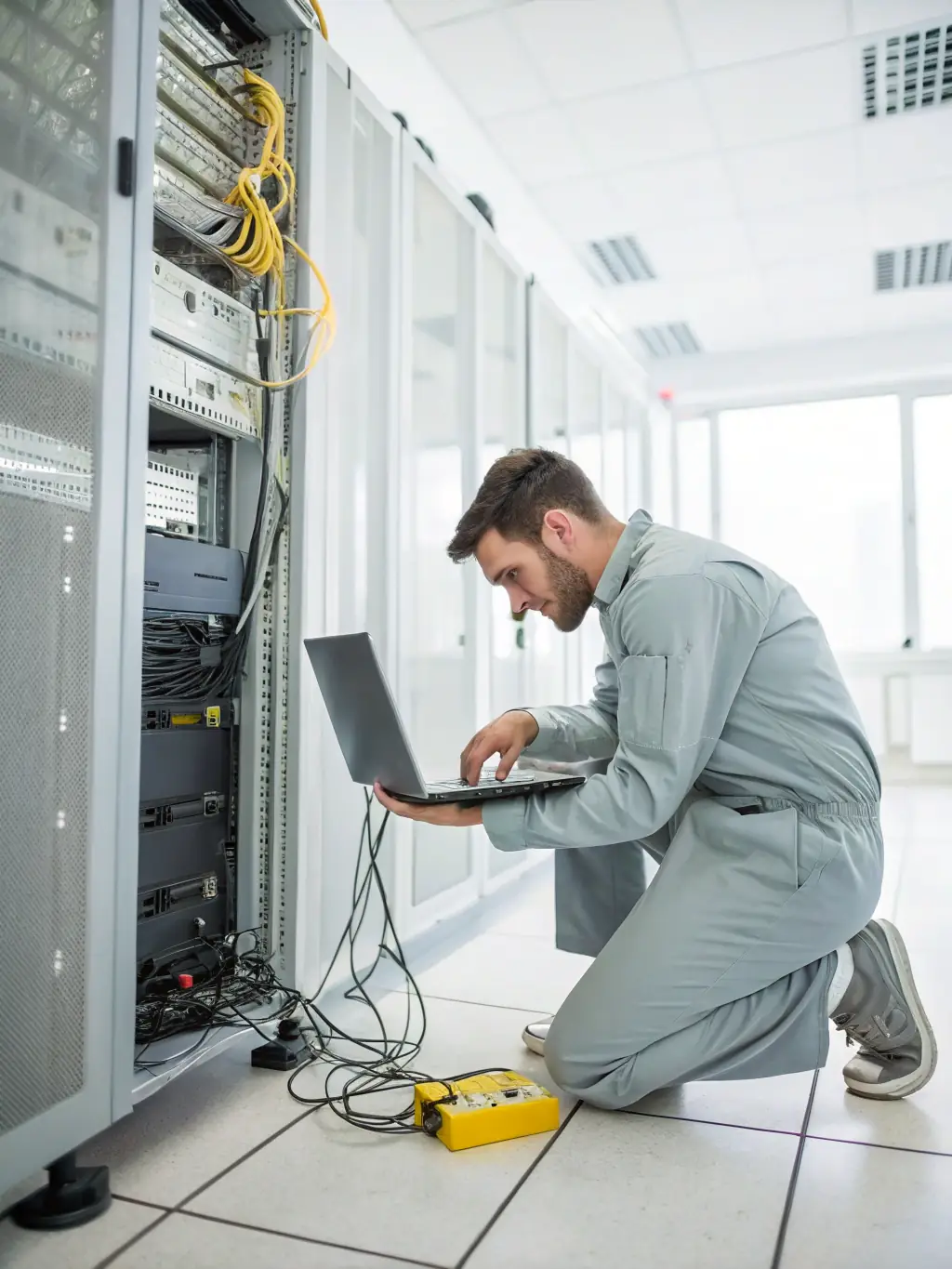 A technician using a cable analyzer to perform certification testing on a newly installed Cat6 cable, verifying its performance and compliance with industry standards.