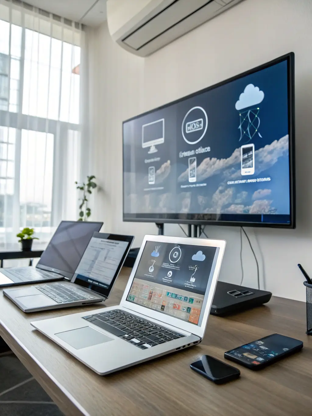 A brightly lit modern office space with employees collaborating seamlessly, showcasing the flexibility and accessibility of cloud VoIP.