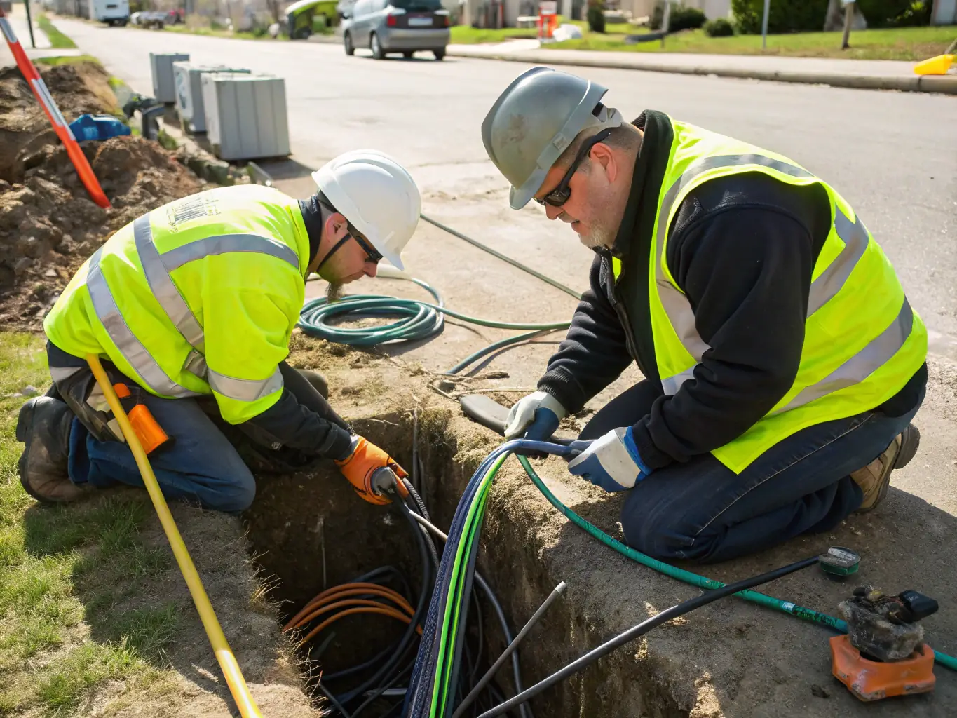 Fiber optic cables being spliced in a controlled environment with precision tools and technicians wearing safety gear.