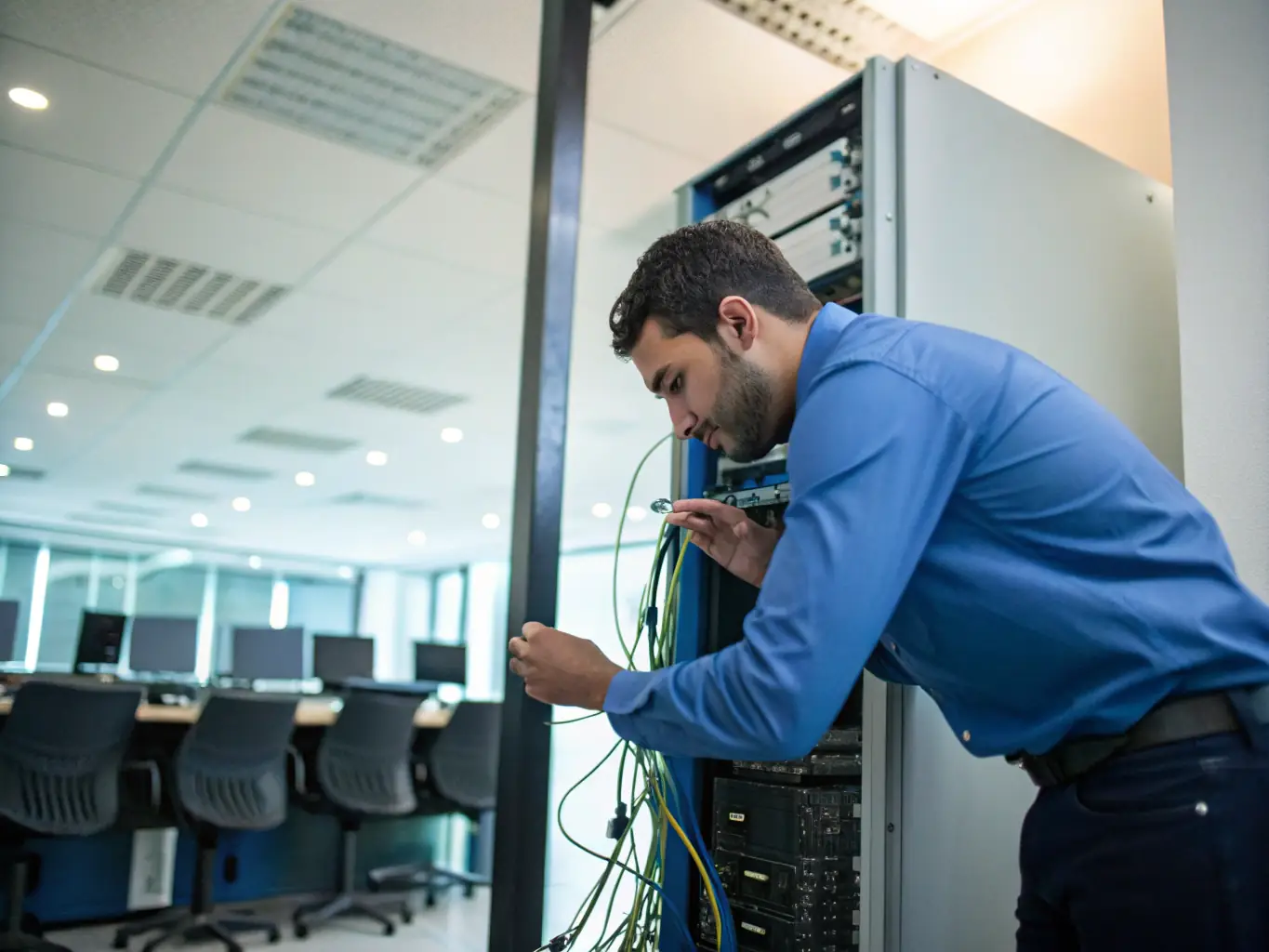 A close-up shot of a technician meticulously repairing a damaged Cat6 cable in a server room, highlighting the precision and expertise involved in cable repair.