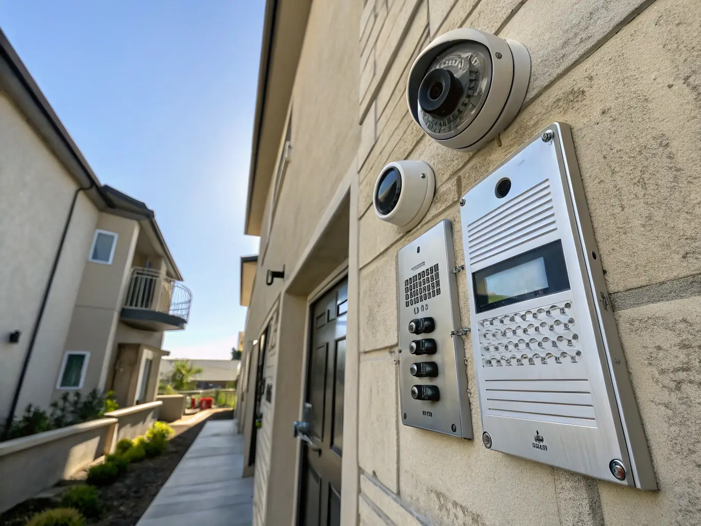 A photo of an intercom system installed at the entrance of a commercial building, with a clear view of the cabling connections. The background shows the building's facade.