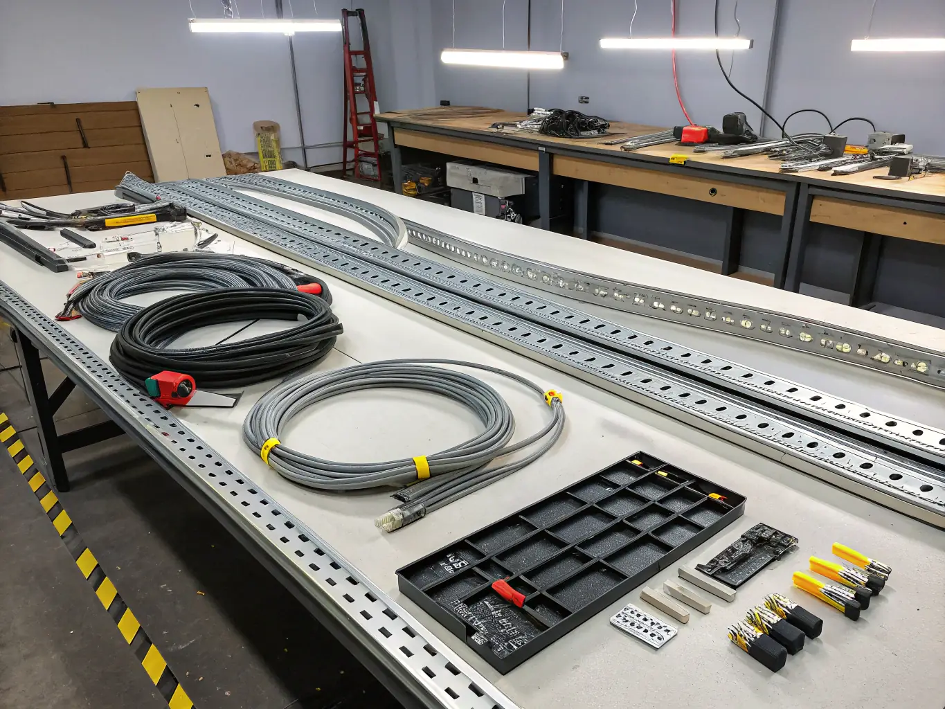 Overhead cable trays installed in a warehouse, showing organized and secure cable management for network infrastructure.